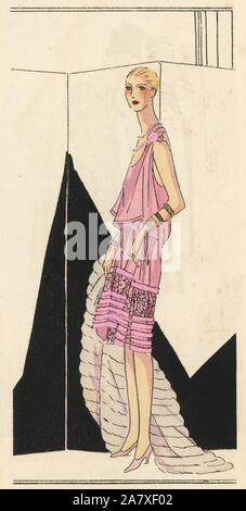 Woman in evening dress of pink silk dragging a fur coat. Handcolored pochoir (stencil) lithograph from the French luxury fashion magazine Art, Gout, Beaute, 1927. Stock Photo