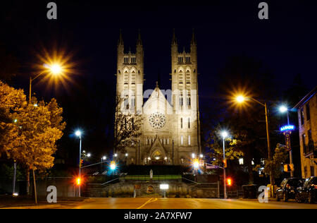 Guelph downtown landmark building Basilica of Our Lady Immaculate, a National Historic Site of Canada, in the evening. Dedicated in 1883, the is Gothi Stock Photo