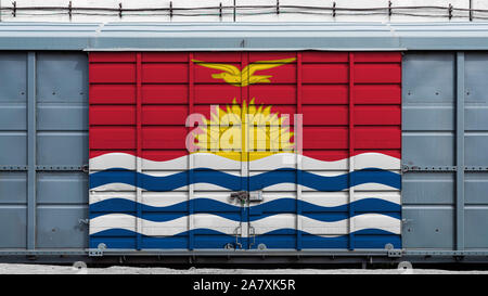 Front view of a container train freight car with a large metal lock with the national flag of Kiribati.The concept of export-import,transportation, na Stock Photo