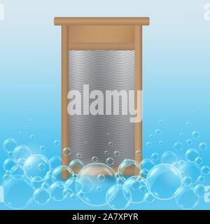 Vector realistic hand ribbed metal washboard in wooden frame on blue soap bubbles background. 3D illustration. Stock Vector