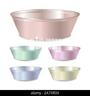 Set of vector color realistic metal empty bowl or basin for washing isolated on white background. 3D illustration. Stock Vector