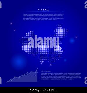 China illuminated map with glowing dots. Dark blue space background. Vector illustration. Growing chart, lorem ipsum text. Stock Vector