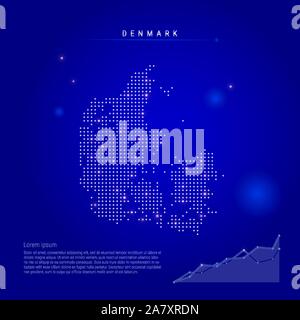 Denmark illuminated map with glowing dots. Dark blue space background. Vector illustration. Growing chart, lorem ipsum text. Stock Vector