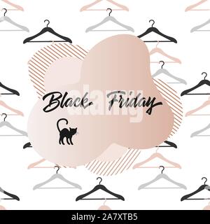 Seamless pattern with hangers and inscription Black Friday. Sale background. Price reduction advert. Purchase. Discount promo layout. Advertising. Des Stock Vector