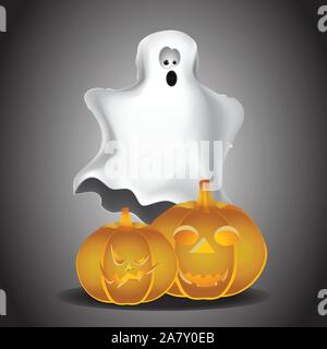 Funny white Halloween ghost and two pumpkins on grey background. Stock Vector