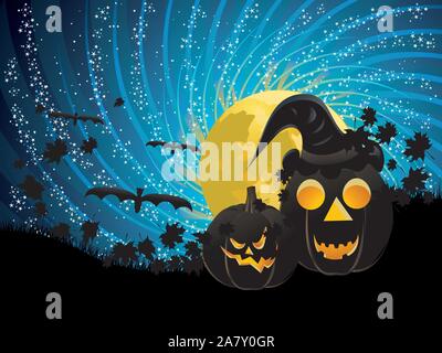 Halloween party background with glowing pumpkins in the grass and moon on starry sky. Stock Vector