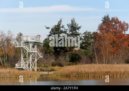 Two-storey metal observation tower at the George C. Reifel Migratory Bird Sanctuary, Delta, BC, Canada