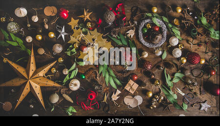 Christmas, New Year holiday decoration layout background over wooden table Stock Photo