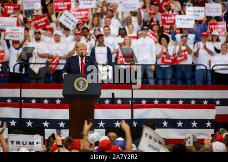 11042019 - Lexington, Kentucky, USA: United States President Donald J. Trump criticizes the media as he campaigns for Kentucky Governor Matt Bevin, and other Republican political candidates during a Keep America Great rally, Monday, November 4, 2019 at Rupp Arena in Lexington, Kentucky. Kentucky has an election Tuesday, and the governor's race is close. Stock Photo