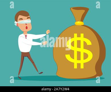 Cartoon blind black african american businessmen is can not find money lying on the ground Stock Vector