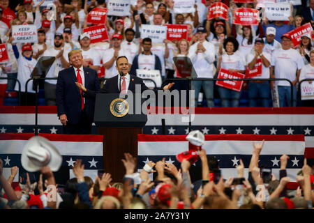 11042019 - Lexington, Kentucky, USA: United States President Donald J. Trump campaigns for Kentucky Governor Matt Bevin, right, and other Republican political candidates during a Keep America Great rally, Monday, November 4, 2019 at Rupp Arena in Lexington, Kentucky. Kentucky has an election Tuesday, and the governor's race is close. Stock Photo