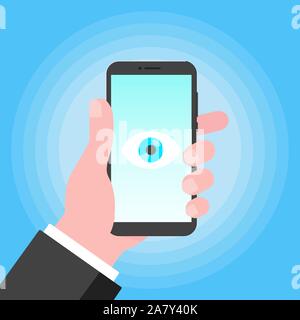 Big brother concept. Hand holding smart phone spying with big eye on the screen isolated on light blue background flat style design vector illustratio Stock Vector