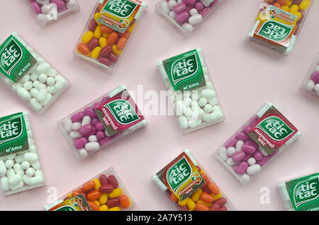 KHARKOV, UKRAINE - OCTOBER 26, 2019: Many Tic Tac Candy packages. Tic tac is popular due its minty fresh taste and easy to carry. Hard mints produced Stock Photo
