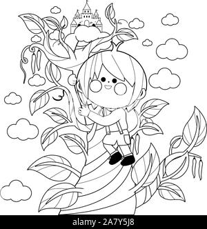 Jack climbing the magic beanstalk. Vector black and white coloring page Stock Vector