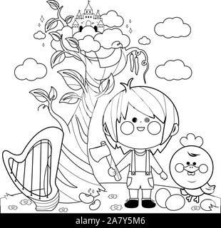 Jack and the magic beanstalk. Vector black and white coloring page Stock Vector