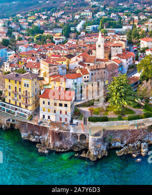 Town of Lovran and Lungomare sea walkway aerial panoramic view, Kvarner bay of Croatia Stock Photo