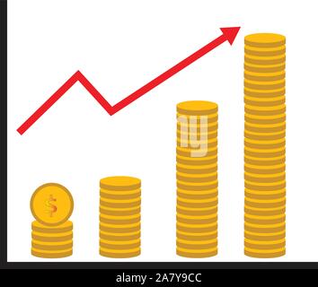 coin stack money graph up flat icon on white background. coin