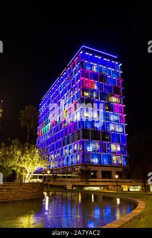 Perth, Aaustralia - March 19 : Colorful lighting on building for show people in night time at Hay street mall Stock Photo