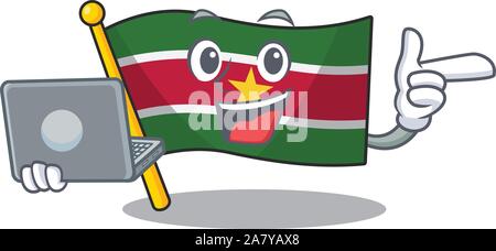 happy flag suriname with the cartoon with bring laptop Stock Vector