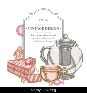 Badge design with pastel lollipop, candies, teapots, cups, cake tartlet stock illustration Stock Vector