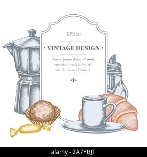 Badge design with pastel candies, croissants and bread, espresso cup, coffee pot, sugar bowl, truffle stock illustration Stock Vector