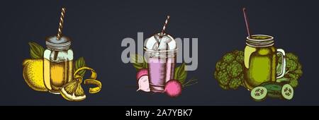 Smothie sets of lemons, broccoli, radish, basil, smoothie cup, smothie jars cucumber stock illustration Stock Vector