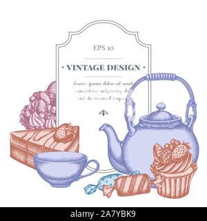 Badge design with pastel candies, cupcake, teapots, cups, cake cake stock illustration Stock Vector