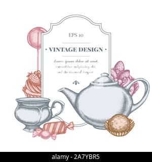 Badge design with pastel lollipop, candies, cupcake, teapots, cups, truffle cake tartlet stock illustration Stock Vector