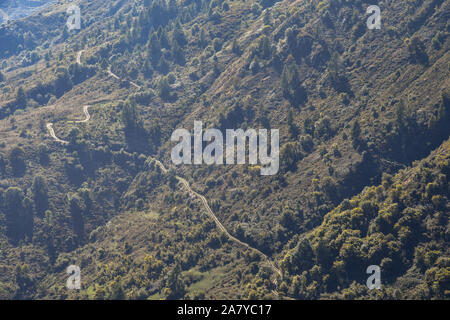 Elevated view of a winding mountain road through the woods of the Cottian Alps in summer, Castelmagno, Grana Valley, Cuneo, Piedmont, Italy Stock Photo