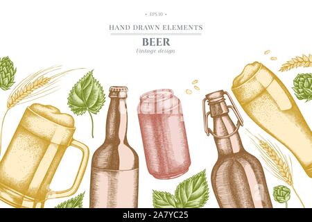 Design with pastel rye, hop, mug of beer, bottles of beer, aluminum can stock illustration Stock Vector