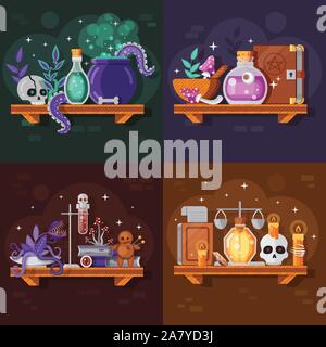Magic Potion Bottles and Ingredients Flat Collection Stock Vector