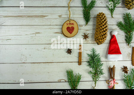 flat lay christmas composition on white wooden background . Stock Photo