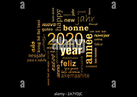 2020 new year multilingual golden text word cloud square greeting card on black background Stock Photo