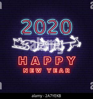 Happy New Year 2020 neon sign with santa claus in sleigh. Vector. For New 2020 Year template, greeting card, flyer, poster, website. Neon sign with santa claus for banner, romotion or advertisement. Stock Vector