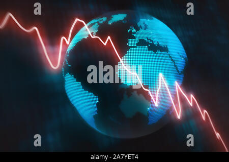 Illustrated concept wth a glowing red line graph decreasing at a fast rate with an abstract globe background Stock Photo