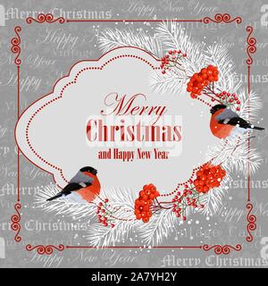 Christmas and New Year greeting card with bullfinches, pine branches and rowan berries. Stock Vector