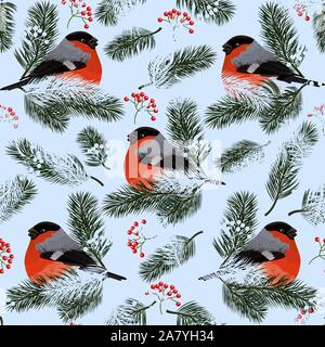 Seamless pattern with bullfinches, rowan berries and fir branches. Vector illustration on blue background Stock Vector