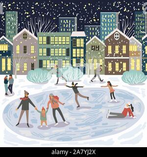 People at the rink, a family on skates against the background of evening city houses. Winter vector Stock Vector