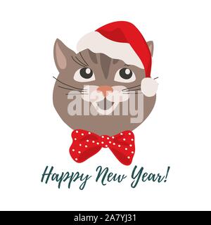 Merry Christmas and Happy New Year. Isolated smiling cartoon face of cat in a red Christmas hat. Cute vector Stock Vector