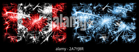 Canada, Canadian vs Micronesia, Micronesian New Year celebration sparkling fireworks flags concept background. Combination of two abstract states flag Stock Photo