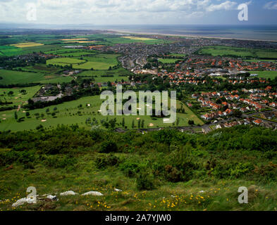 View west from Offa's Dyke path along the North Wales coast, over the Golf course and suburbs of Prestatyn, Denbighshire, North Wales. Stock Photo