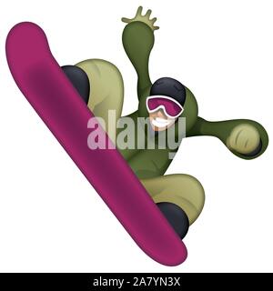 Pro snowboarder cartoon character in action on white background. Sport vector image. Stock Vector