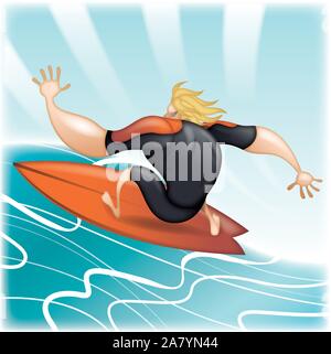 Vector illustration of a surfer riding a wave on a surfboard, showing ...