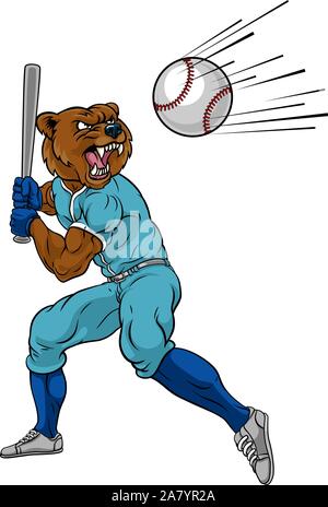 Bear Baseball Player Mascot Swinging Bat at Ball Stock Vector