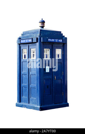 British police box similar to the one used as the Tardis in the TV series Dr Who. Stock Photo