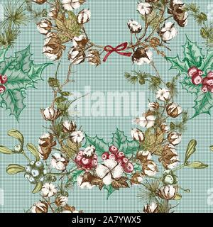 Hand drawn botanical sketch garland with color christmas plants Vintage engraving black and white style illustration Seamless holiday pattern Stock Vector