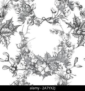 Hand drawn botanical sketch garland with christmas plants Vintage engraving black and white style illustration Seamless holiday pattern Stock Vector