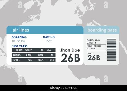Plane travel ticket illustration. Airplane boarding pass design. Airplane boarding pass design. Stock Vector