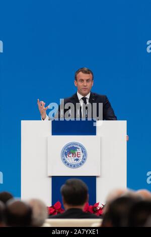 French President Emmanuel Macron delivers a speech at the opening ceremony of the Second China International Import Expo in Shanghai, China on Novembe Stock Photo