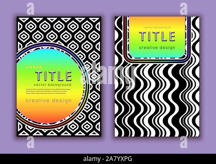 Set template for cover design, vector abstract background. Multicolor rainbow bright colorful label and black and white shapes composition pattern for Stock Vector
